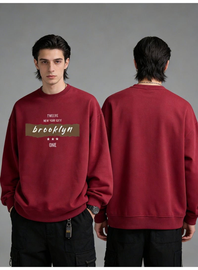 بيإم إنس BM INS Burgundy "brooklyn" Retro Letter Oversized Crew Neck Sweatshirt | Unisex Pullover With "NEW YORK CITY" Slogan - Image 4